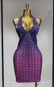 Yesha sexy rhinestone halter bodycon dress with gradient sparkle, V neck and backless design. Perfect for birthdays, parties, and stage looks.
