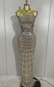 Nica shining sequin mesh long dress for women. Transparent sexy evening dress for birthdays, parties, nightclub, photoshoot, and stage wear.