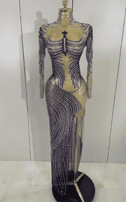 Keisha Sparkly Rhinestone High Split Mesh Long Dress