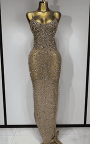 Elle rhinestone mesh see through bodycon dress for women. Sexy luxury outfit for birthdays, cocktail parties, club nights, and stage wear.