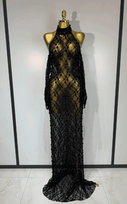 Zarrah Sleeveless Pearl Lace Sheer Mesh Black Maxi Dress