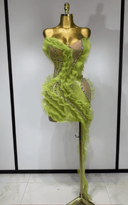 Karina Sparkly Green Rhinestone Sheer Mesh Ruffle Mini Dress