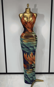Miyah Sparkly Rhinestone Halter V Neck Backless Sheer Mesh Dress