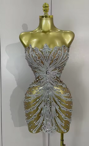 Tamara strapless see-through mini dress encrusted with shining diamonds and crystals for a luxury party look.