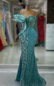 Azure Leaf Sculptural Mermaid Gown With Iridescent Beading And Tiered Petal Bodice