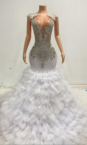 Ava adorable tulle ruched train rhinestones prom dress for women formal night