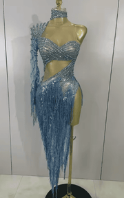 Jamie Blue Rhinestone Tassel One Shoulder Sheer Mesh Dress