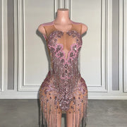 Luxury Rhinestone Sheer Mesh Diamond Beaded Tassel Mini Cocktail Gown
