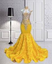 Yellow Ruched Flowers silver Crystal Beaded Prom Dress