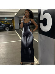 Abstract Print Halter Backless Maxi Dress