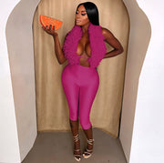 Fluff Halter Backless Lace-Up Capri Pants Sets