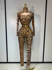 Liora Leopard Gold Rhinestones Spandex Jumpsuit