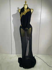Elegance Sparkly Rhinestone Stretch Bodysuits Long Mesh Dress 2026 New Women Birthday Party Nightclub Bar Dj Sexy Stage Costume