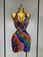 Megan Halter Colorful Diamonds Backless Mini Dresses