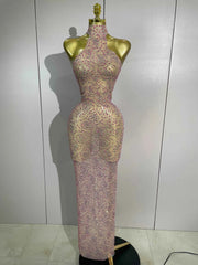 Lauren Pink Diamond Mesh See Through Evening Gown