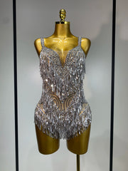 Anne sparkly rhinestones sequins tassel see through bodysuit