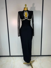 Caroline black long sleeve beaded maxi bandage dress for evening parties, birthdays, or formal events.