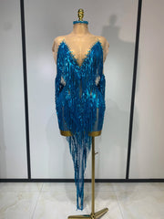 Carlene blue rhinestone tassel see through mesh birthday dress