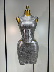 Jamie bronze sleeveless bandage two-piece set with fitted top and bodycon mini skirt