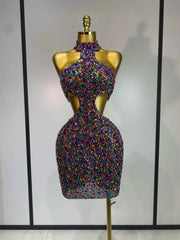 Meadow Multi-Color Diamond-Embellished Halter Mini Dress