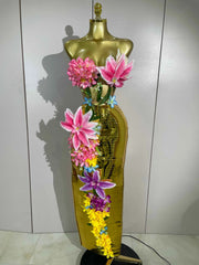 Women Elegant 3D Flower Golden Mesh Top Bodycon Long Dress Two-Piece Set Evening Party Luxury Birthday Club Bar Stage Costumes