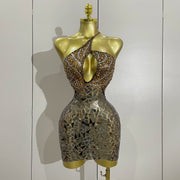 Maya sparkly rhinestones mirror mesh mini dress, sexy hollow-out luxury women’s party outfit 2025.