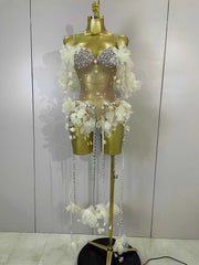 Ebony Sparkly Rhinestones Flower Tassel Mesh Stretch Bodysuit