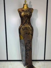 Corey Sexy O Neck Sleeveless Black Diamonds Crystal Maxi Dress