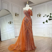 Orange Strapless Beaded Evening Gown with Side Skirt
