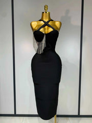 Thalia Sexy Diamond Tassel Crystal Black Bandage Midi Dress