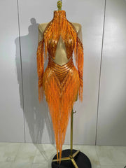Almira Orange Diamond Tassel Mesh Dance Dress