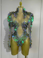 Rita Sparkly Rhinestones Colorful Sequins Sexy Mesh Stretch Bodysuits