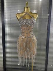 Carmen Crystal Diamond Halter Mesh Evening Gown
