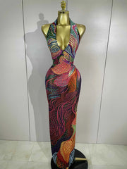 Sexy Colorful Rhinestone Print Long Dress Woman Halter Deep V Neck Backless 2026 Women Birthday Eveing Party Club Stage Costume