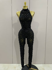 Journee wearing a luxury sparkly black diamond mesh see through jumpsuit.