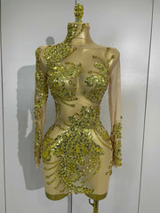 2026 New Sparkly Golden Diamonds Sequins Long Sleeves See-Through Mini Dress Women Birthday Eveing Party Gown Sexy Stage Costume