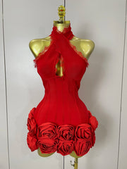 Sexy red lace halter bandage dress with floral details and mini bodycon silhouette
