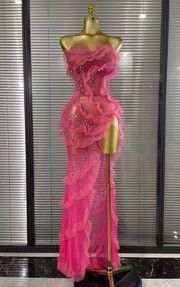 Sabrina Sexy Strapless Shining Rhinestone Mesh Ruffle Maxi Dress