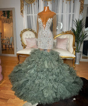 Silver Sheer O Neck Beaded Crystal Ruffles Prom Dress