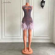 Mannequin Wearing a Luxury Crystal Halter Mini Dress with Feather Trim, Designed for Glamorous Birthday Celebrations