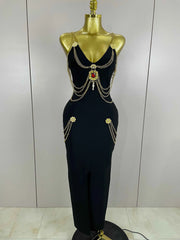 Helaena Black Chain Spaghetti Strap V-Neck Split Bandage Dress