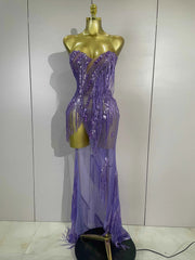 Ashley Purple Strapless Mesh See Through Long Sparkly Diamond Tassel Dress