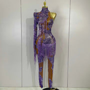 Dayla Sparkle Diamond Purple Tassel One-Shoulder Mesh Jumpsuit