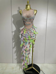 Luxury colorful pearl feather sleeveless long dress for women – birthday party, nightclub, singer, dancer, stage outfit