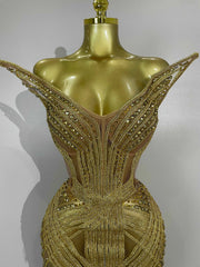 Femmes étincelle or diamants paillettes maille voir à travers Mini robe de luxe robe de fête d'anniversaire Sexy discothèque chanteur scène Costume