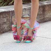 Mixed Color Air Mesh Pleated Sandals Round Shape Sexy Stilettos