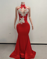 Imani elegant red mermaid prom dress with floor-length fitted design and bold red color.