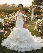 Modern mermaid wedding dress with fitted bodice and flared hem for elegant bridal look.