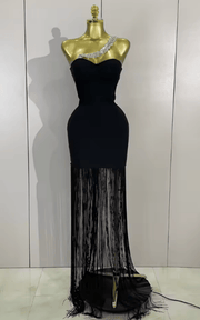 Bianca Black One Shoulder Rhinestone Tassel Bandage Dress