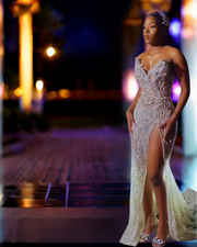 Luxury Champagne Beading See through Mermaid Prom Dress Sexy Side Slit